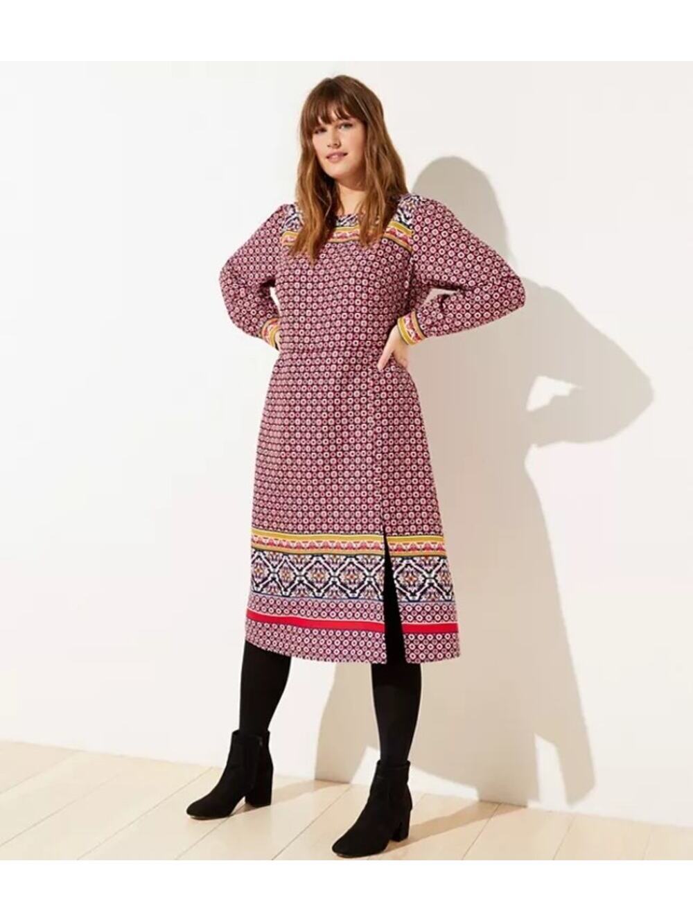 Loft EUC Women's Red Navy Abstract Geo Print Long Sleeve Midi Dress Size 4